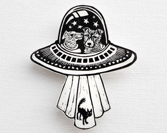 Dogs in Space Brooch, handmade UFO dog badge, printed from lino cut