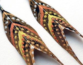 Feather Earrings, hand-painted pheasant feather earrings, handmade in the UK, tribal jewelry for her