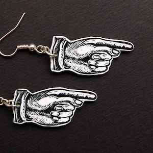 Pointing Finger Earrings - pointing hand jewelry, manicule earrings, unusual gift, handmade in the UK