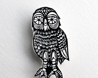 Owl Brooch, mechanical owl, printed from linocut of owl illustration, Bubo badge, Clash of the Titans