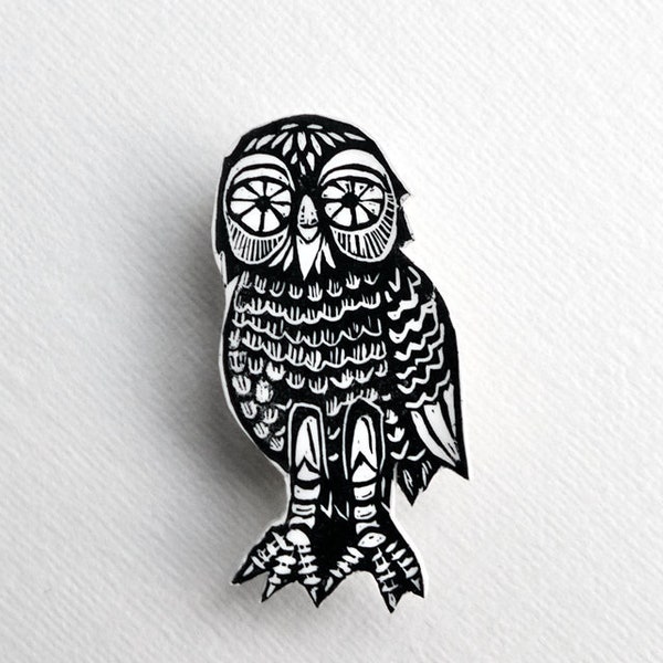 Owl Brooch, mechanical owl, printed from linocut of owl illustration, Bubo badge, Clash of the Titans