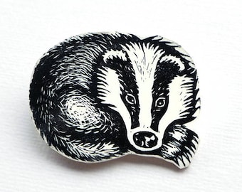 Badger Badge, woodland creature brooch, Totem animal lino print pin