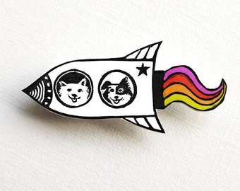 Space Dog Brooch, Belka and Strelka Soviet Space Dogs, handmade rocket dog badge, printed from lino cut, Laika badge, illustration