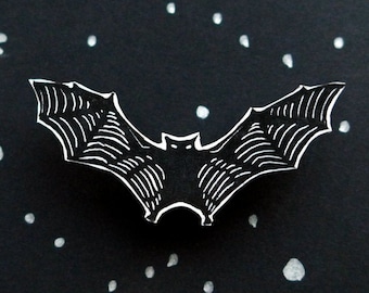 Bat Brooch, vampire bat badge, flying bat pin printed from lino cut, handmade, belfry not included, children of the night! what music etc