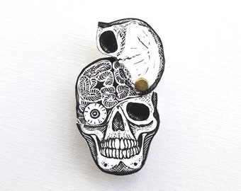 Skull Brooch with hinged top, reveals eyeball and brain, horror badge, printed from lino cut, weird tales, Grand Guignol, pulp, BRAINS