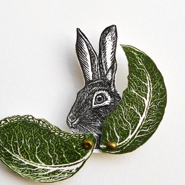 Rabbit Brooch with hinged bottom, Easter Bunny badge, cabbage opens to reveal hiding rabbit, printed from lino cut