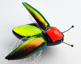 Neon Beetle Brooch, with real jewel beetle elytra (wing cases), fluorescent, Day-Glo beetle badge, handmade in the UK