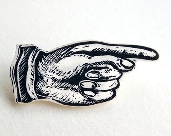 Pointing Finger Pin - pointing hand brooch, manicule badge, handmade, lino print