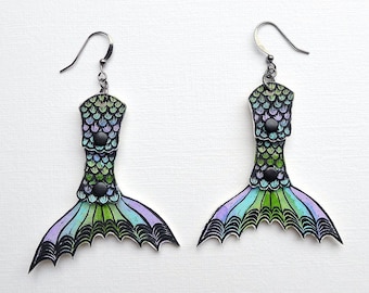 Mermaid Tail Earrings with swishy moving tails, articulated mermaid tail jewelry, handmade in the UK, fairytale jewelry