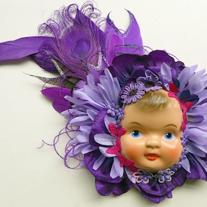 Doll Face Fascinator, festive decoration, unique gift for her, hair adornment, alternative wedding corsage, Victorian child image 1