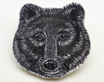 Bear Brooch, bear badge, handmade in the UK, linocut print