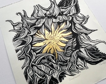 Impression d’art tournesol, linocoupe de tournesol imprimée à la main avec des reflets de feuilles d’or, impression lino de tournesol doré