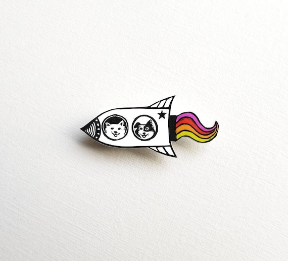 Space Dog Brooch, Belka and Strelka Soviet Space Dogs, handmade rocket dog badge, printed from lino cut, Laika badge, illustration