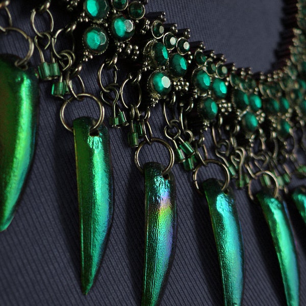 Green Jewel Beetle and Skull Necklace, green beetle wing jewellery.