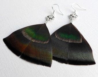 Black feather earrings, black iridescent feather dangle earrings, jewelry for her