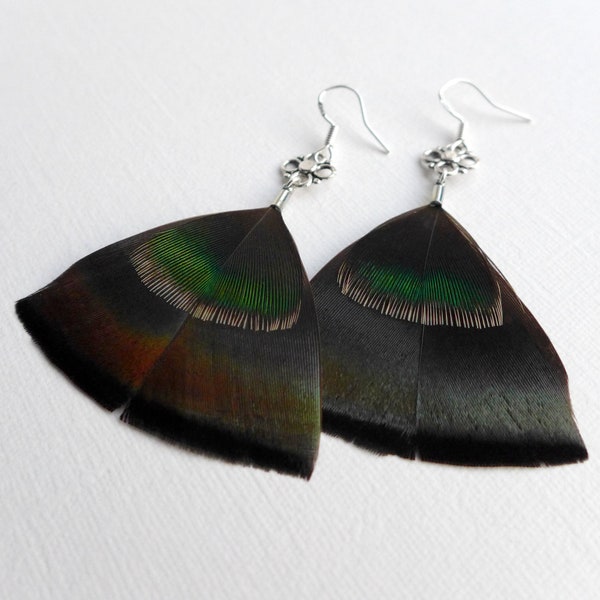 Black feather earrings, black iridescent feather dangle earrings, jewelry for her