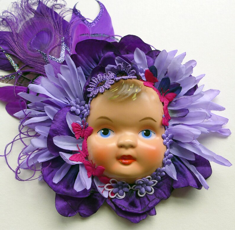 Doll Face Fascinator, festive decoration, unique gift for her, hair adornment, alternative wedding corsage, Victorian child image 2