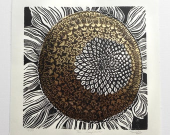 Sunflower Art Print, hand-printed sunflower linocut with gold leaf highlights, golden sunflower lino print