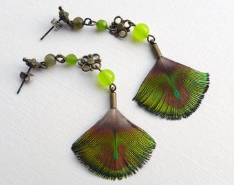Peacock Green Feather Dangle Earrings, green, bronze and gold feather earrings, jewellery for her