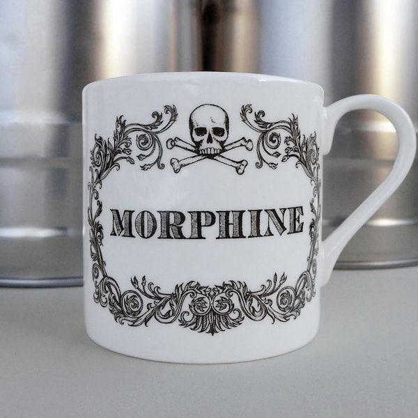 Die neue Apotheke Morphin Tasse. Kaffeetasse, Tee-Tasse, Kaffeetasse mit Totenkopf-illustration