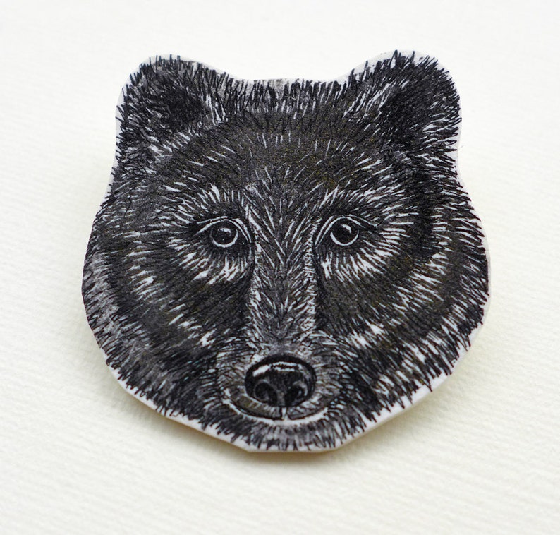 Bear Brooch, bear badge, handmade in the UK, linocut print image 1