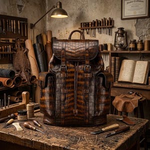 Peut inclure: Un sac à dos en cuir marron foncé avec un motif texturé en peau de crocodile, un rabat supérieur doté de deux sangles à boucle, une fermeture à cordon et deux poches latérales. Le sac présente des panneaux verticaux et une structure rigide.