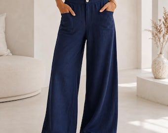 High-Waist Linen Blend Wide Leg Pants, Flowy Summer Trousers, Elastic Waist, Pocketed Casual Wear