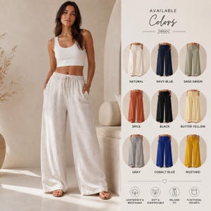 Könnte beinhalten: Weit geschnittene Hose mit elastischem Bund und Kordelzug in Naturbeige. Das Bild enthält eine Farbkarte mit neun verfügbaren Farbtönen: Natur, Marineblau, Salbeigrün, Gewürz, Schwarz, Buttergelb, Grau, Kobaltblau und Senfgelb.