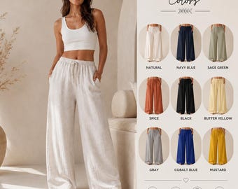 Relaxed Fit Linen Wide Leg Pants, Elastic Waist, Side Pockets, Loungewear for Women