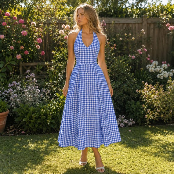 blue gingham halter dress Buy Maxi Dress, Cottagecore Summer Picnic Style, Custom Size Available Online in India Dios