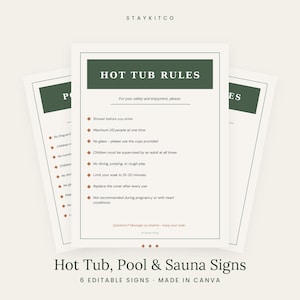Hot Tub Pool Sauna Rules Sign, 6 Editable Canva Printable Templates, Airbnb Vacation Rental Spa Rules, VRBO Pool Safety Signs, Digital