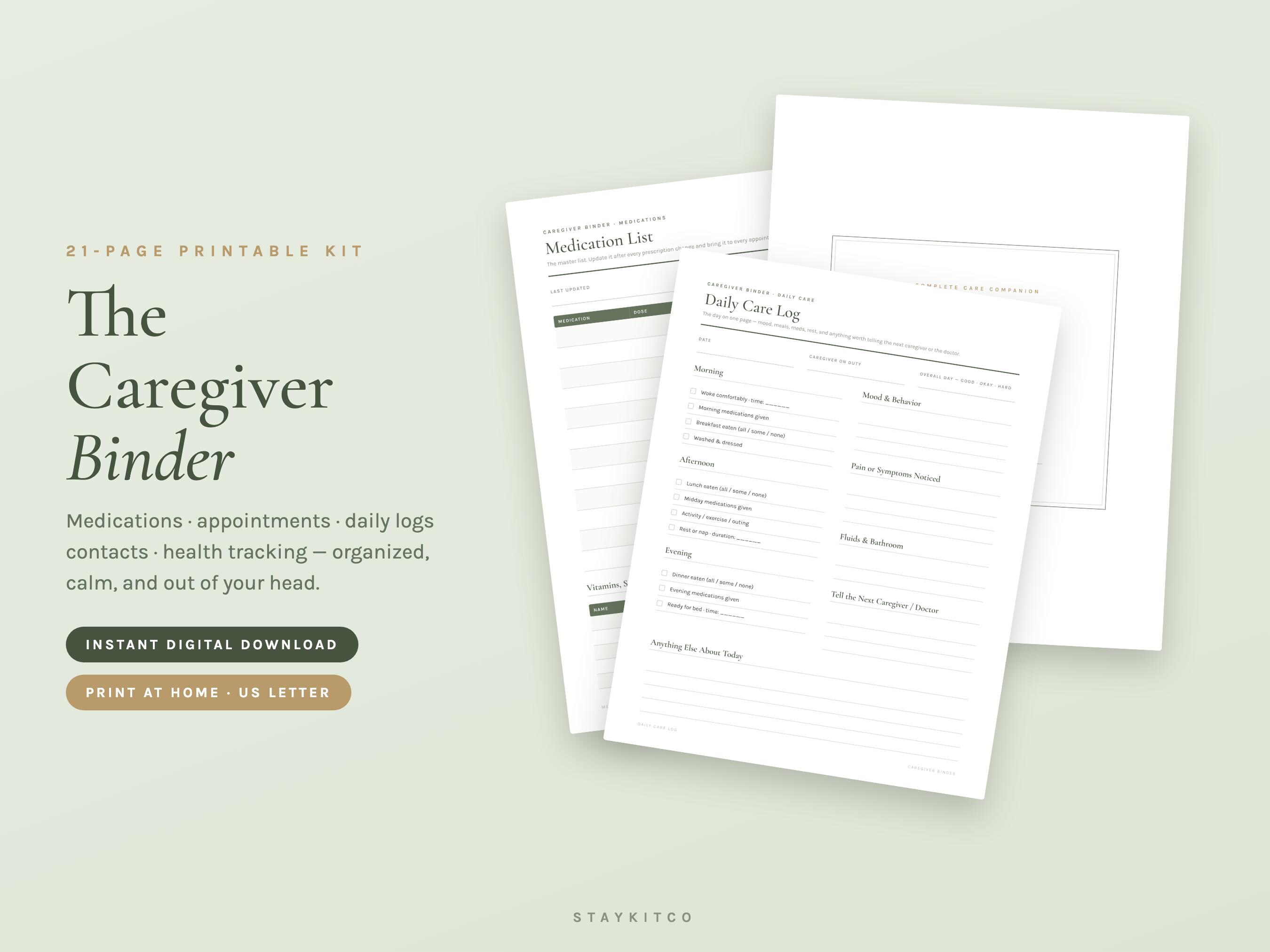 Caregiver Binder Printable, Elderly Care Planner PDF, Medication Log & Tracker, Caregiver Daily Log, Medical Organizer, Senior Care Journal