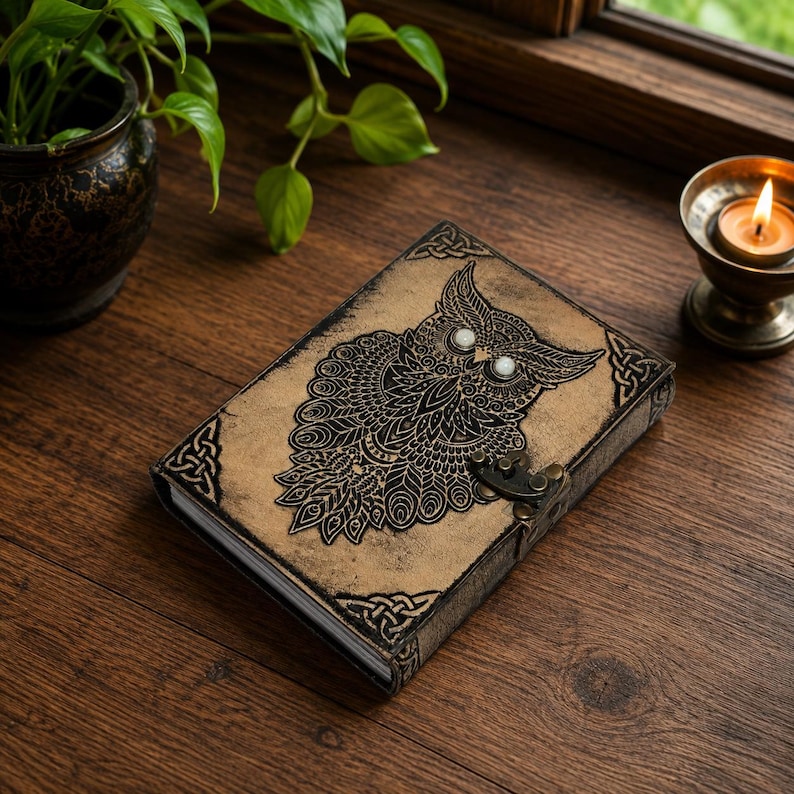 Owl Leather Grimoire Journal: Leather Embossed Vintage Spell Book ...