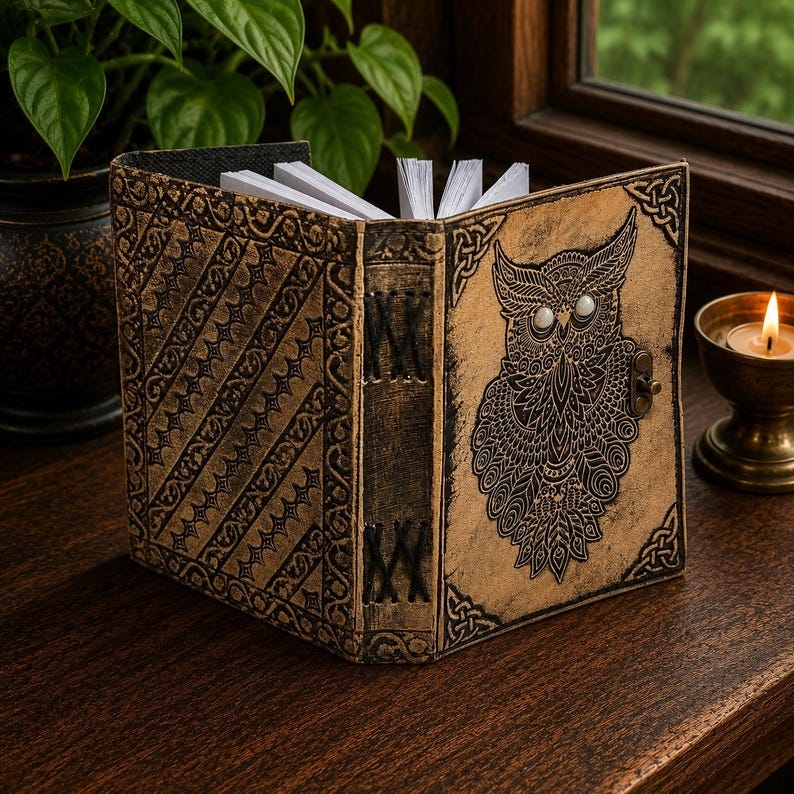 Owl Leather Grimoire Journal: Leather Embossed Vintage Spell Book ...