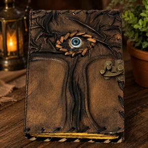 May include: A rectangular brown leather journal featuring a central blue glass eye embedded in the cover, surrounded by braided leather detailing. The cover has a textured, distressed finish with stitched edges and a brass-colored metal latch closure.