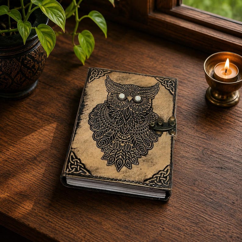 Owl Leather Grimoire Journal: Leather Embossed Vintage Spell Book ...