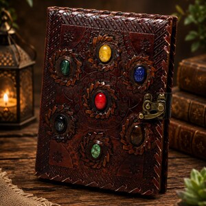 May include: A dark brown leather journal featuring intricate embossed patterns and six oval-shaped cabochon gemstones in yellow, blue, red, green, turquoise, and brown. The journal is secured with a brass-colored metal latch on the side.