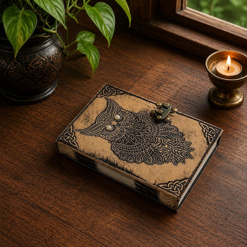 Owl Leather Grimoire Journal: Leather Embossed Vintage Spell Book ...
