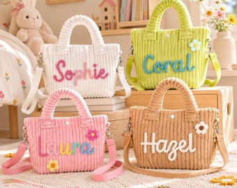 Personalisierte Cord-Umhängetasche für Kinder mit Namen, weiche Kleinkindertasche mit niedlichem Anhänger, Namens-Tragetasche, handgefertigte Garnbuchstaben, Geschenk zum Schulanfang