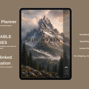 May include: A digital tablet displaying an undated planner with a mountain landscape cover. Text includes "Undated Planner," "REUSABLE PAGES," "Hyperlinked Navigation," "GoodNotes Compatible," "Notability Compatible," and "Instant Download."