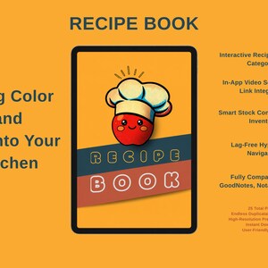 Puede incluir: Un libro de recetas digital en la pantalla de una tableta con fondo naranja. La portada muestra una manzana de dibujos animados con un gorro de chef y el texto RECIPE BOOK. El texto lateral enumera funciones como índice interactivo y compatibilidad.