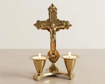 Handcrafted Standing Brass Crucifix with Dual Tealight Holders, Catholic Altar Cross, Brass Jesus Cross Statue, Prayer Corner Decor