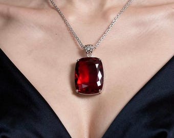 Ruby Sterling Silver Pendant Necklace, Cushion Cut Red Ruby Gemstone Jewelry, Anniversary Birthday Gift for Her, Elegant Statement Jewelry