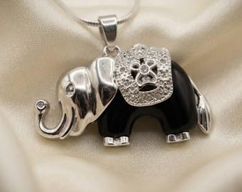 Natural Obsidian Elephant Pendant Necklace, Certified Healing Crystal Jewelry, Handmade Animal Stone Elephant Charm Pendant, Gift