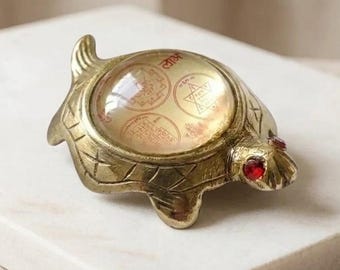 Handcrafted Vastu Brass Tortoise with Yantra Glass Dome, Red Stone Eye Turtle Figurine, Feng Shui Kachua for Wealth, Brass Paperweight