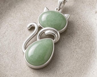 Certified Green Aventurine Cat Necklace, Natural Healing Crystal Pendant, Handmade Cat Jewelry, Genuine Gemstone, Lucky Animal Lover Jewelry