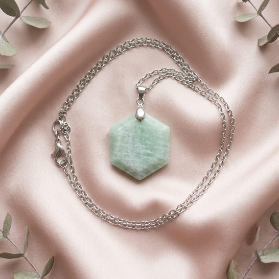 Certified Amazonite Necklace, Hexagon Crystal Pendant, Natural Healing Gemstone Jewelry, Calming Protection Stone, Spiritua Necklace