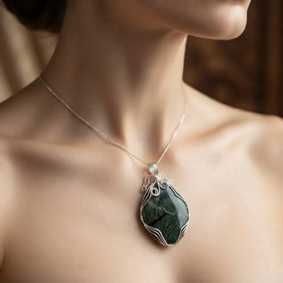 90-100Ct Green Jade Gemstone Pendant, Certified Wire Wrapped Crystal Necklace, Handmade Silver Setting, Artisan Healing Stone Gift For Women