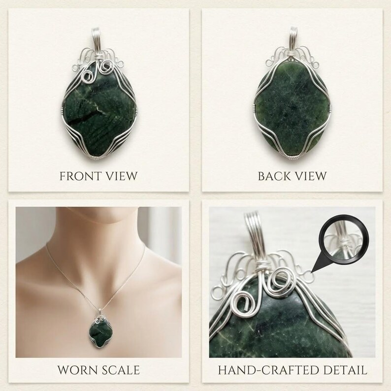 Detailed view of a certified green jade gemstone wire pendant necklace with a polished 90-100 carat crystal body and an intricate silver-wrapped framework displayed neatly. The gemstone displays naturally occurring variations in dark green coloration and internal texture, while the custom wire setting adds visual depth. This handmade crystal jewelry piece is ideal for lovers of healing stones, natural stone accessories, spiritual jewelry, wire-wrapped items, and gifts.
