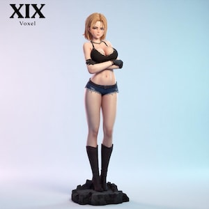 May include: A standing figurine of a character with short blonde hair, wearing a black crop top, blue denim shorts, and black knee-high boots. The figure has arms crossed, black gloves, and stands on a dark, rocky base. Text XIX Voxel is visible.